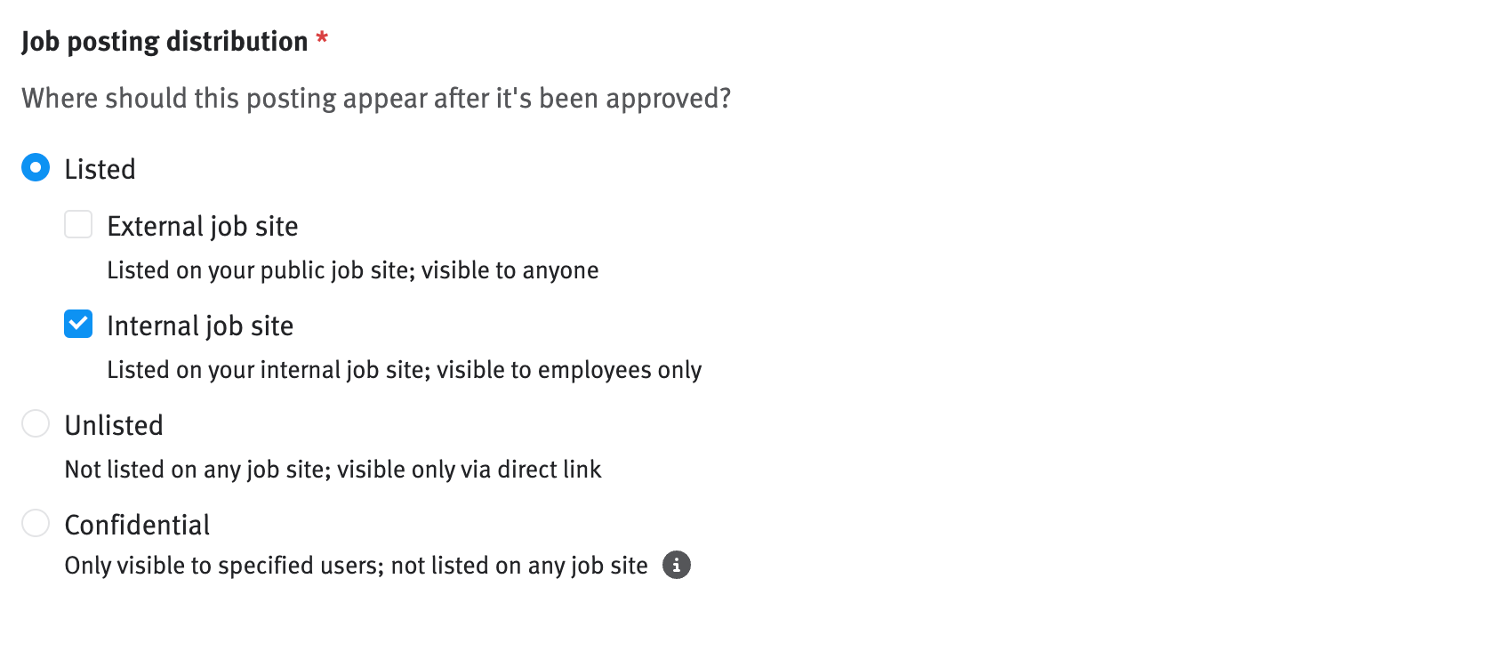 Posting editor for new posting; Internal job site posting distrubition option selected