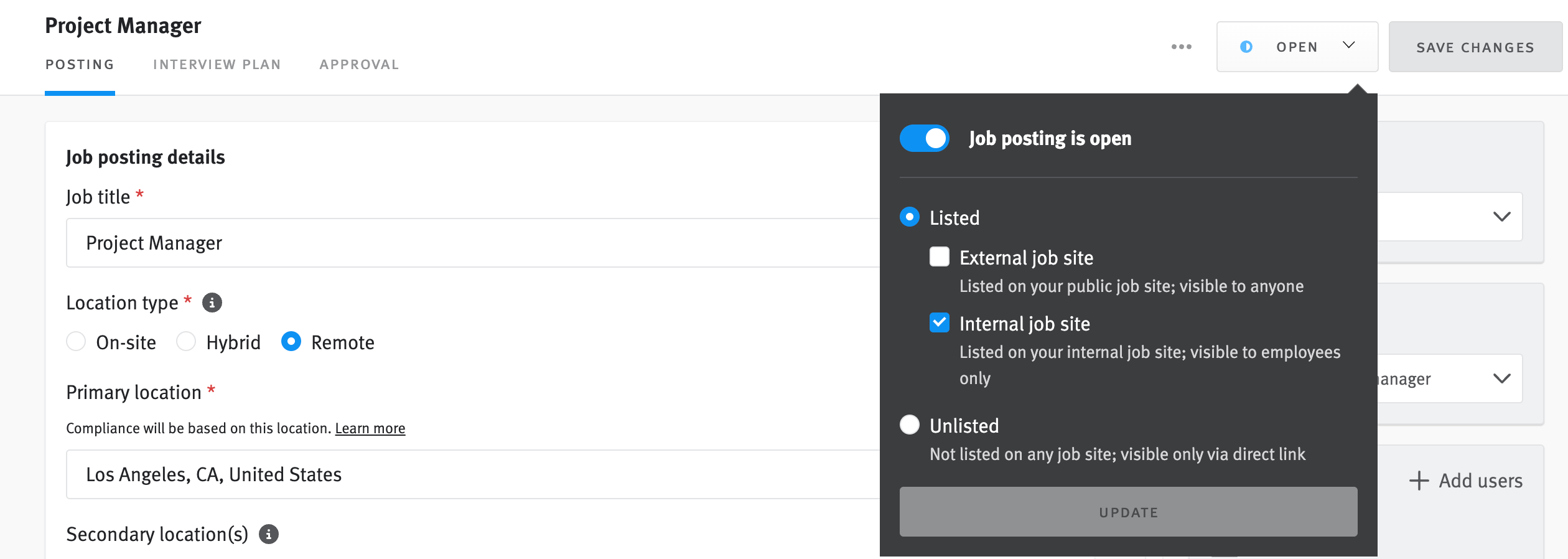 Posting editor for exsiting posting with menu epxanded from posting status button and internal job site distribution option checked.