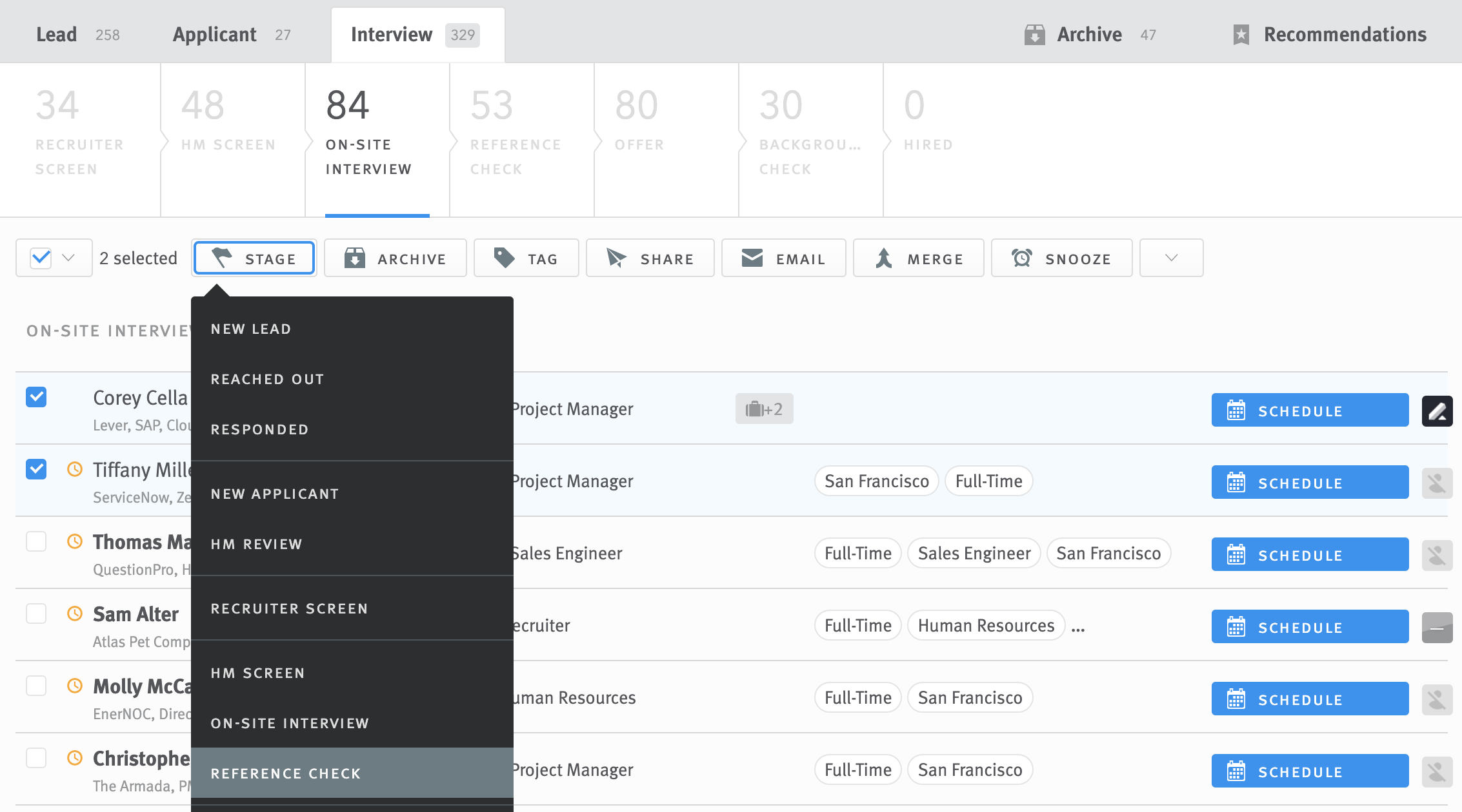 Multiple opportunities selected in On-Site Interview stage. Menu extends from Stage button in action tool bar with Reference Check stage highlighted.
