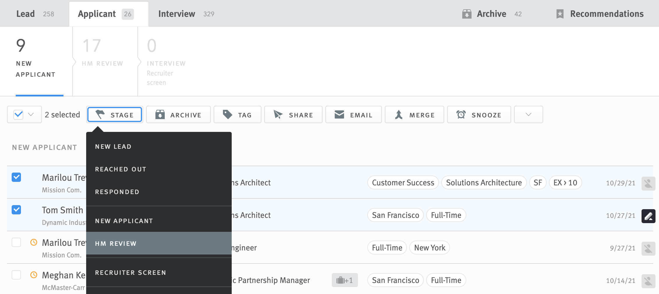 Multiple opportunities selected in opportunity list and stage menu is expanded from action toolbar.
