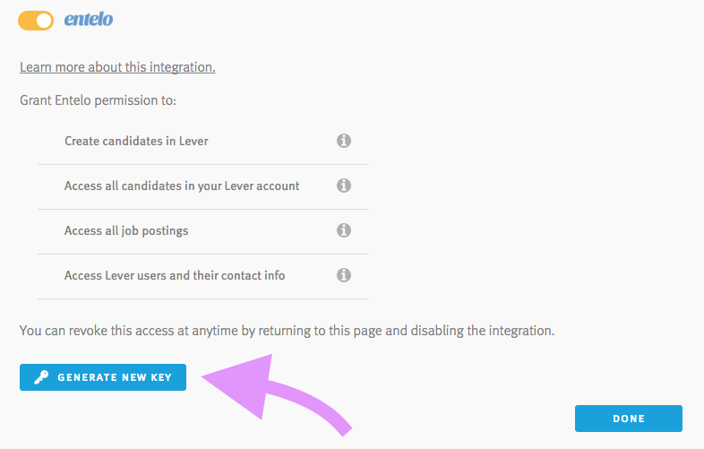Lever settings showing tentelo section with arrow pointing to generate new key button