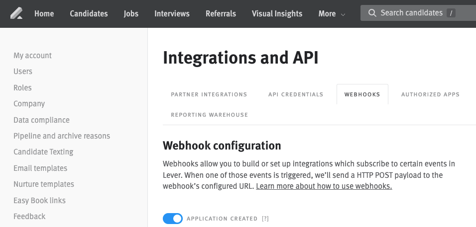 LEver platform webhook configuration settings