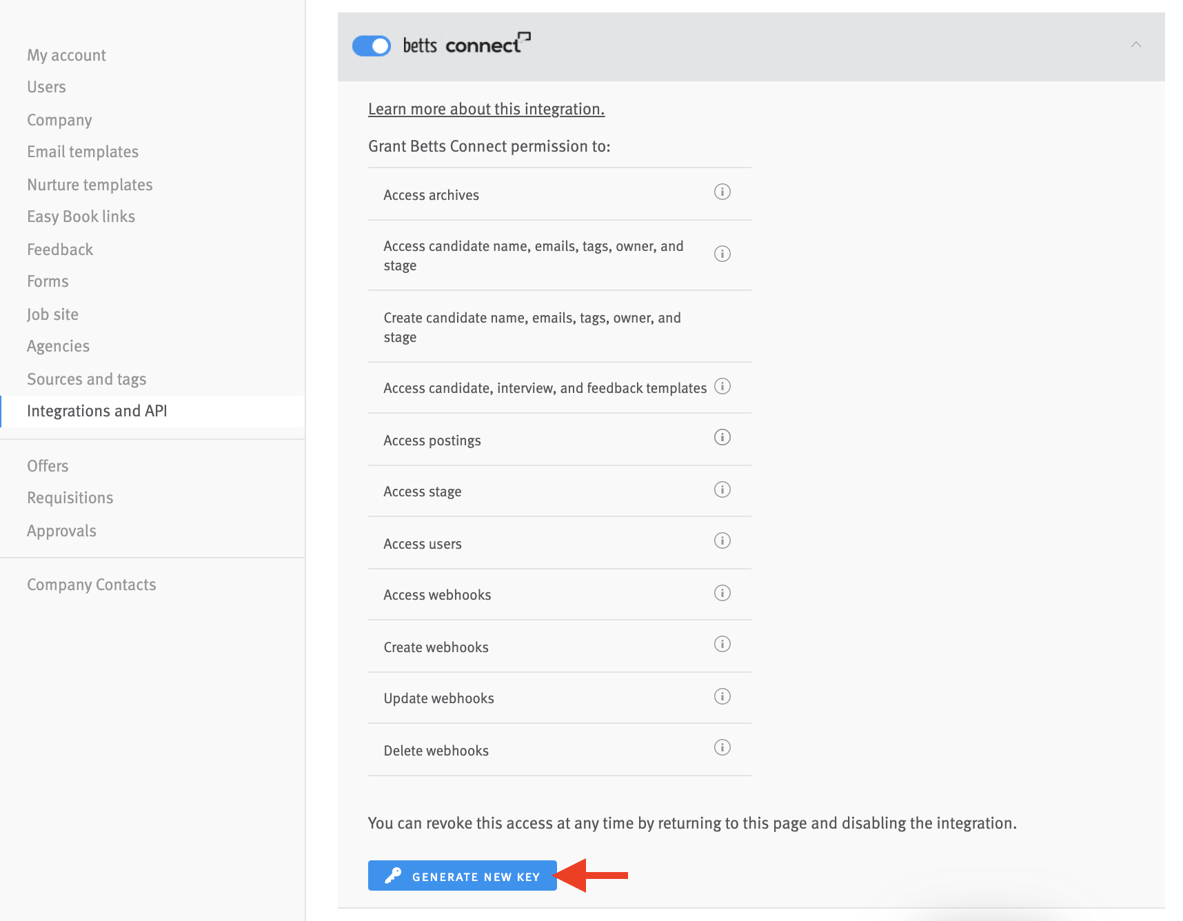 Betts Connect integration card exapnded in Integrations and API page of Lever Settings. Arrow points to Generate new key button.