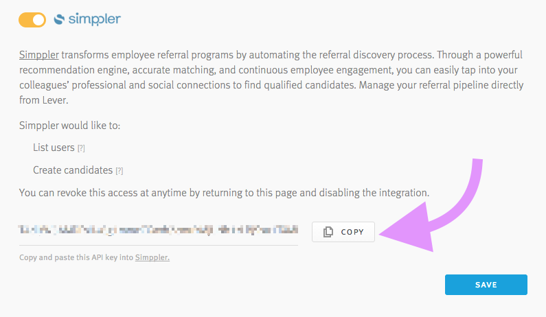 Lever settings Simppler section with arrow pointing to copy button next to the API key field.