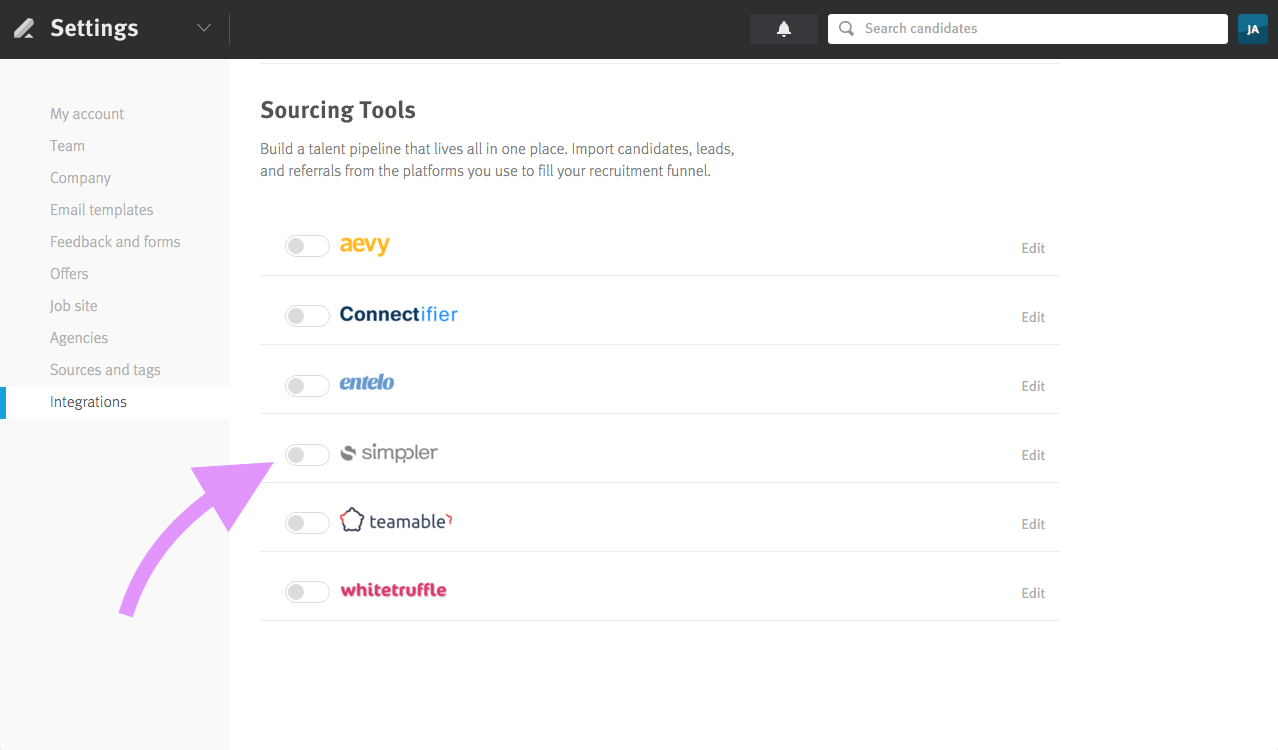 Lever settings integrations page showing sourcing tools section, with arrow pointing to simppler listing and toggle.