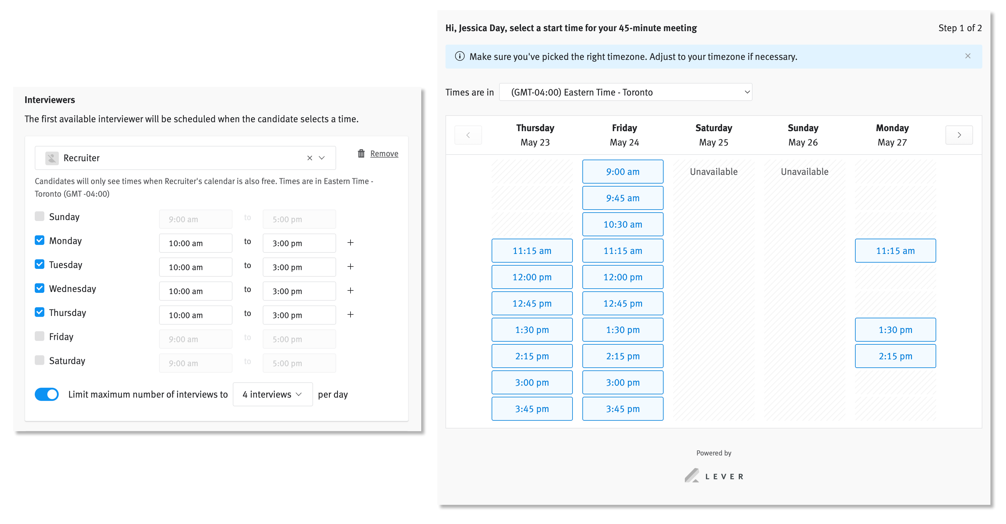 Two images. Left image is Easy Book calendar editor with fields to select availability to present to link recipient. Right image is recipeient's view of interviewer's calendar availability with options to self-select.