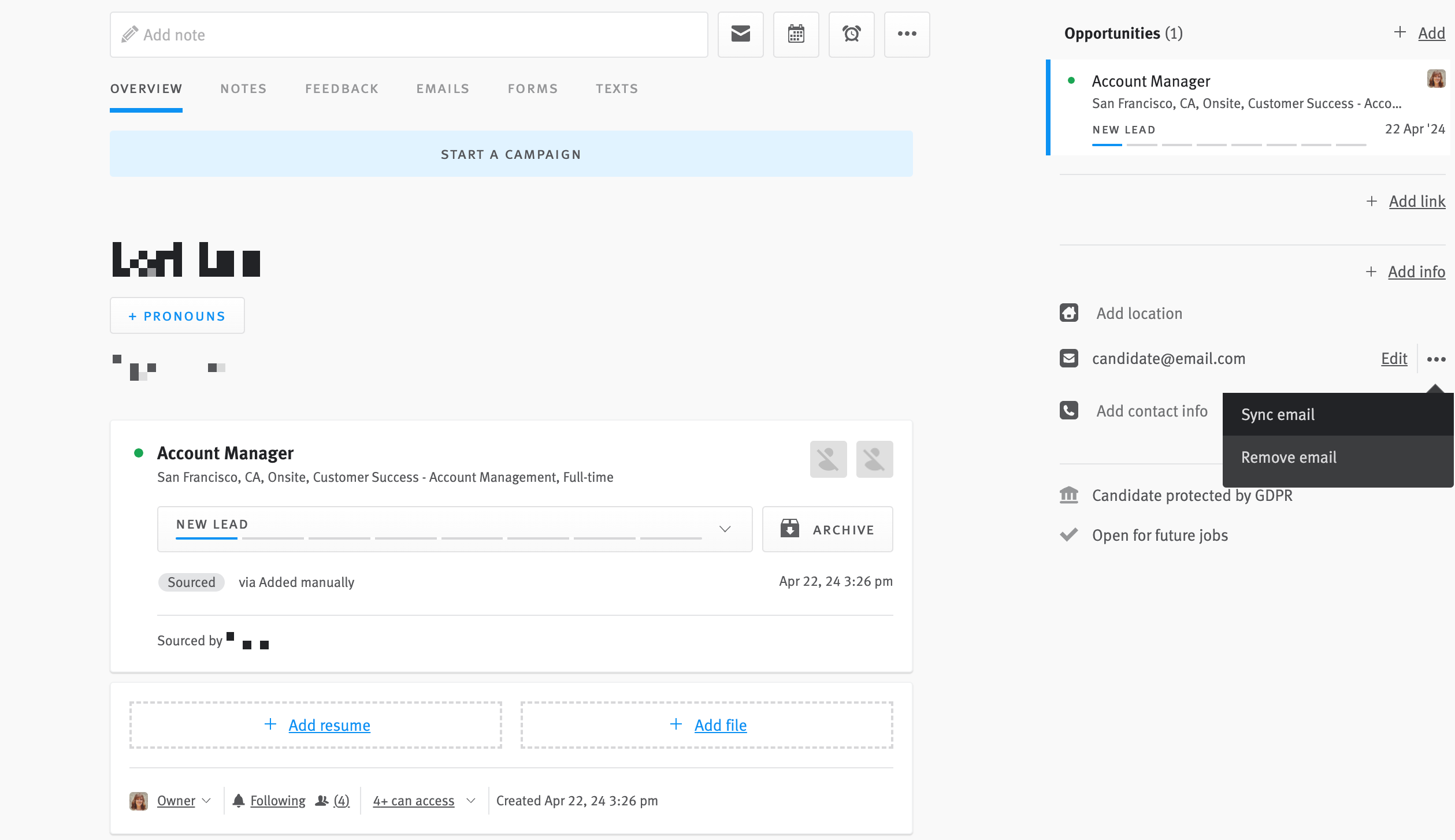 Cursor hovering over sync emails button on candidate profile