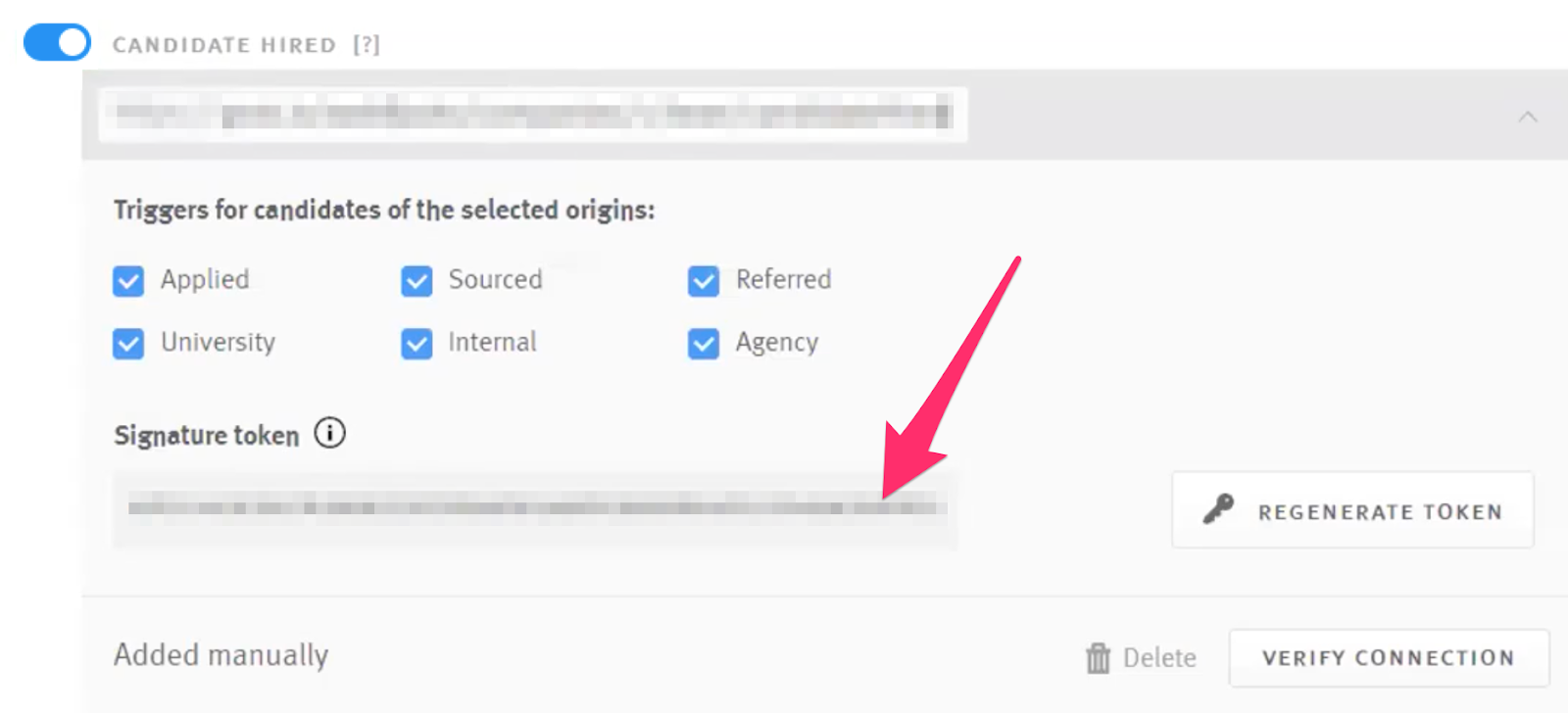 Arrow pointing to signature token field on candidate hired webhook tile in Lever