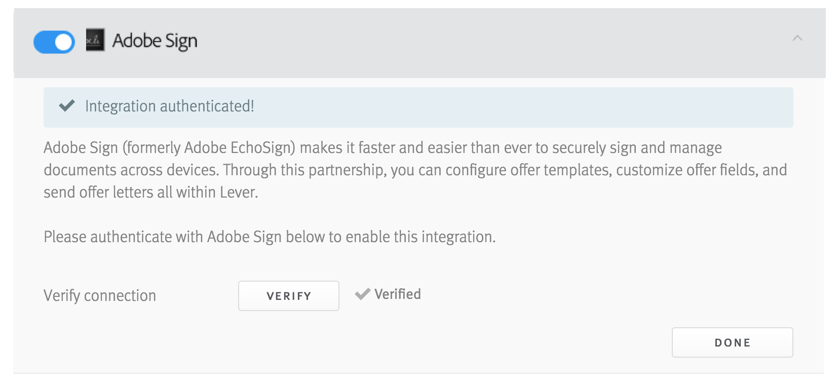 Close up of green Adobe Sign integration toggle in Lever Settings.