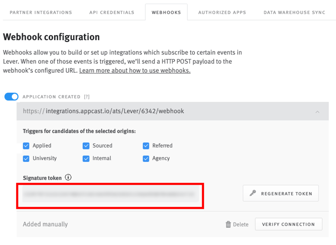 Lever webhook tab webhook configuration section with signature token field outlined