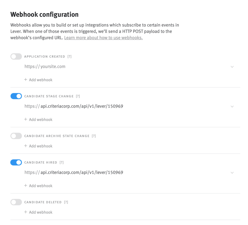 Candidate Stage Change and Candidate Hired webhook toggles in Lever