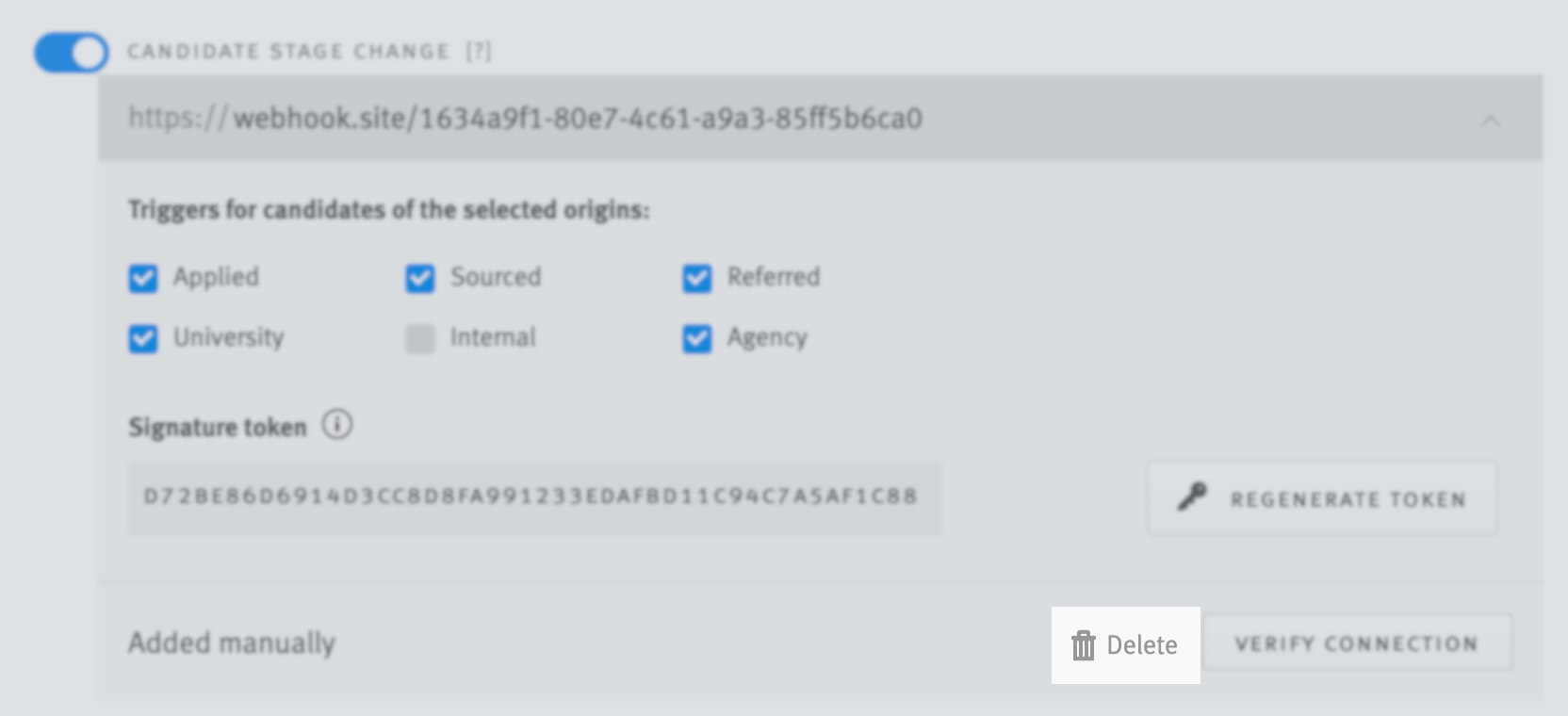 Candidate stage change webhook fields expanded; Delete buttons is highlighted