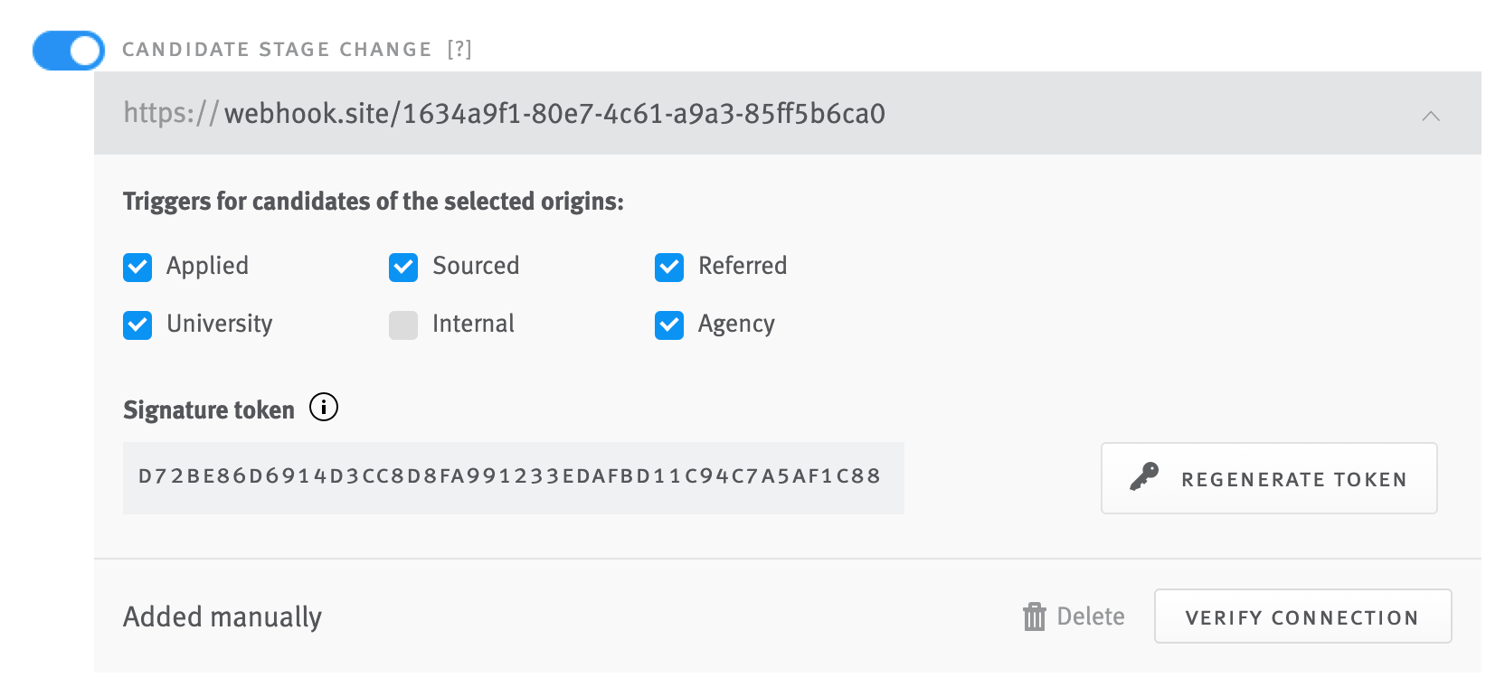 Candidate stage change webhook fields expanded; URL field is populated with webhook URL and event toggle is active