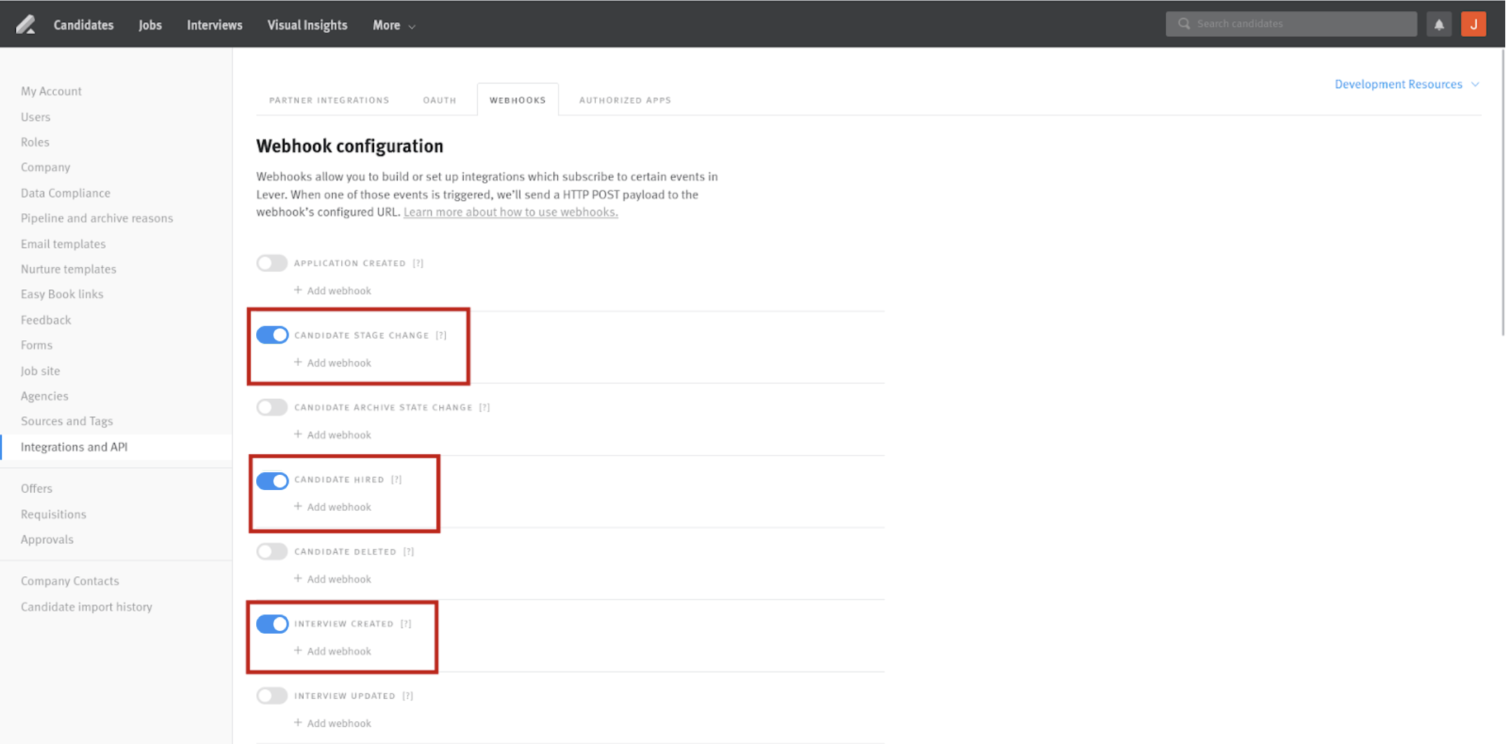 Webhooks page in Lever integration settings; Candidate Stage Change, Candidate Hired, and Interview Created webhook toggles are outlined