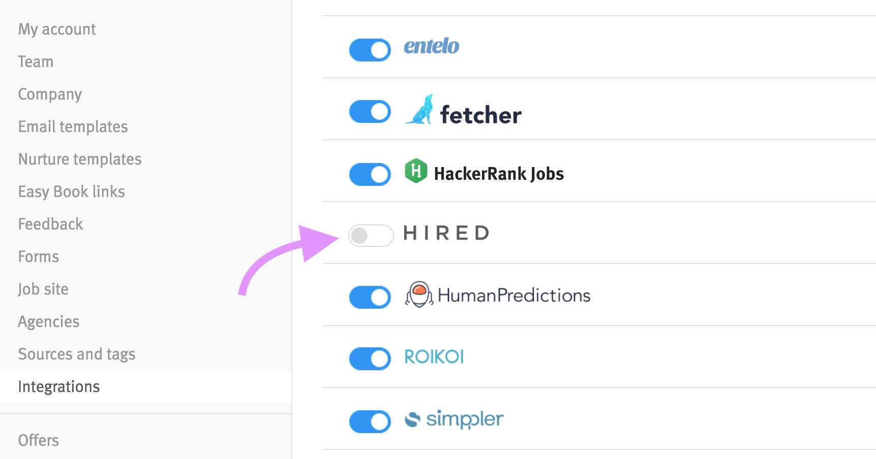 Lever settings page with arrow pointing to hired toggle