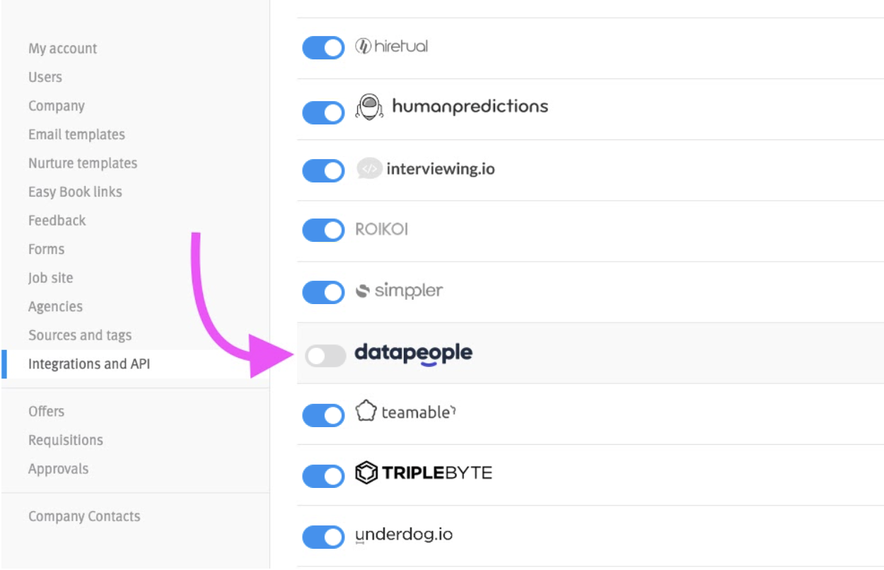 Lever integrations and API page with arrow pointing to datapeople toggle