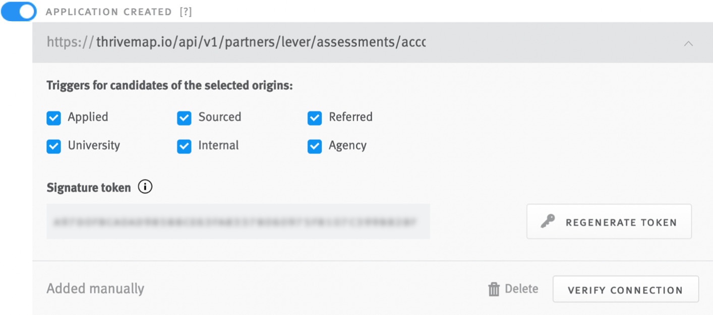 Lever webhook configurations page showing application created toggle on blue