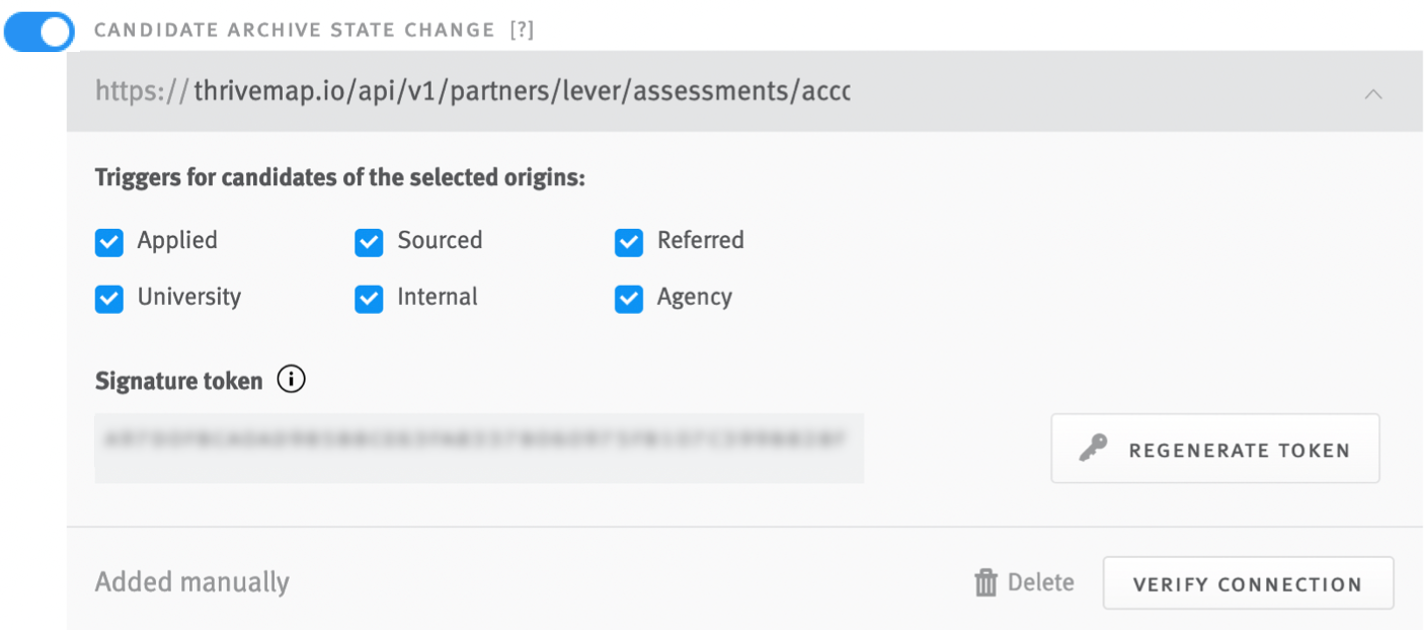 Lever webhook configurations page showing application created toggle on blue