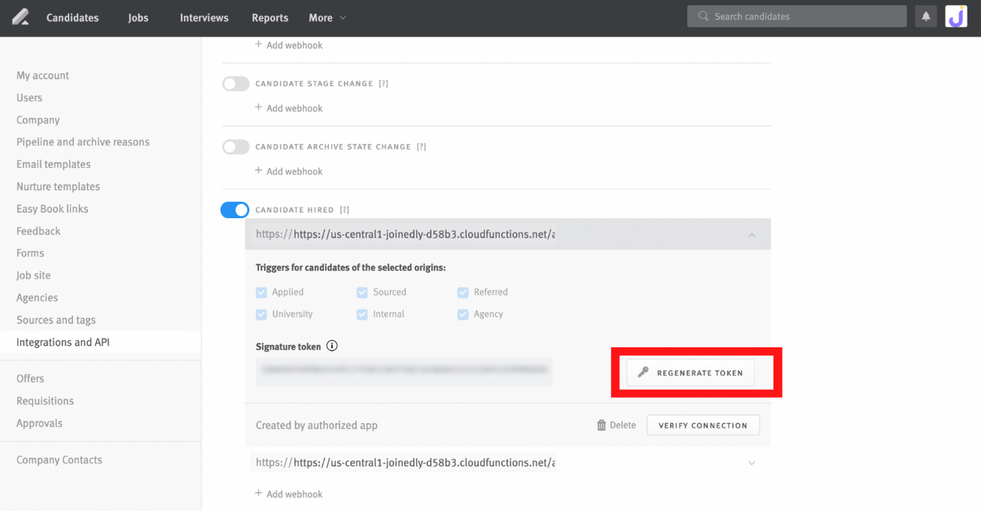 Lever integrations and API settings candidate hired section with generate token outlined