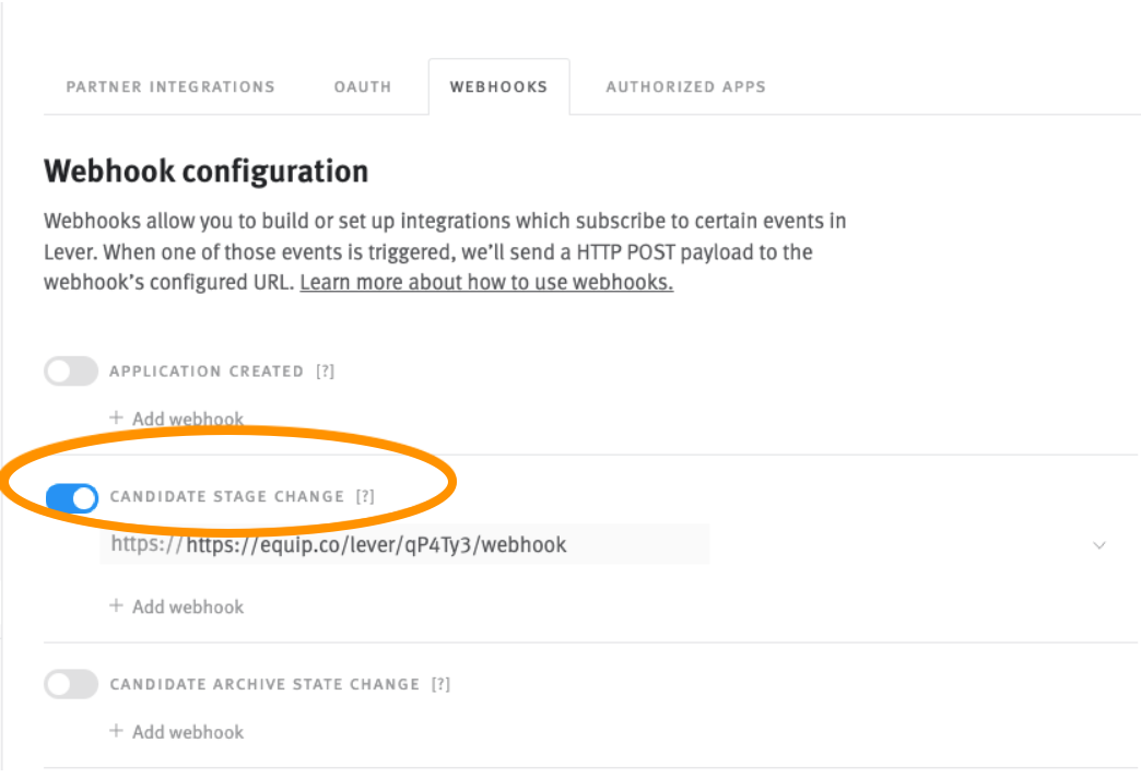 Lever webhook configuration page with candidate stage change toggle on blue