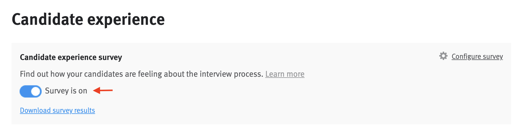 Close up Candidate Experience Survey block with arrow pointing to activation toggle