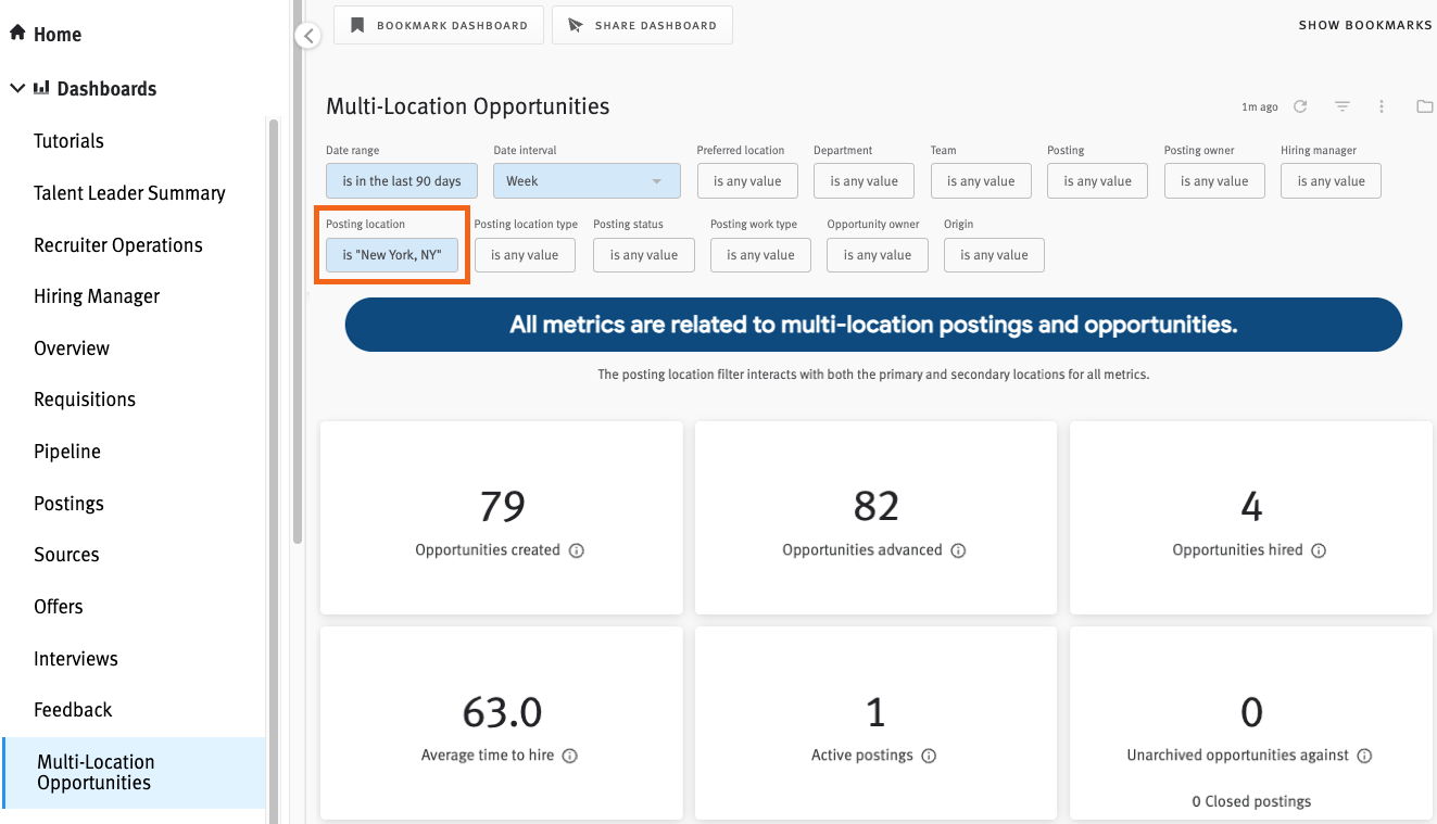 Lever Visual Insisghts Multi-Location Opportunities dashboard with square surrounding Posting location field with New York, NY listed.