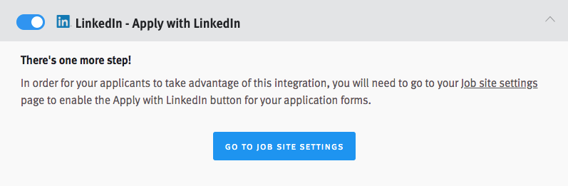 Apply with LinkedIn integration toggle and tile in Lever with Go to Job Site settings button.