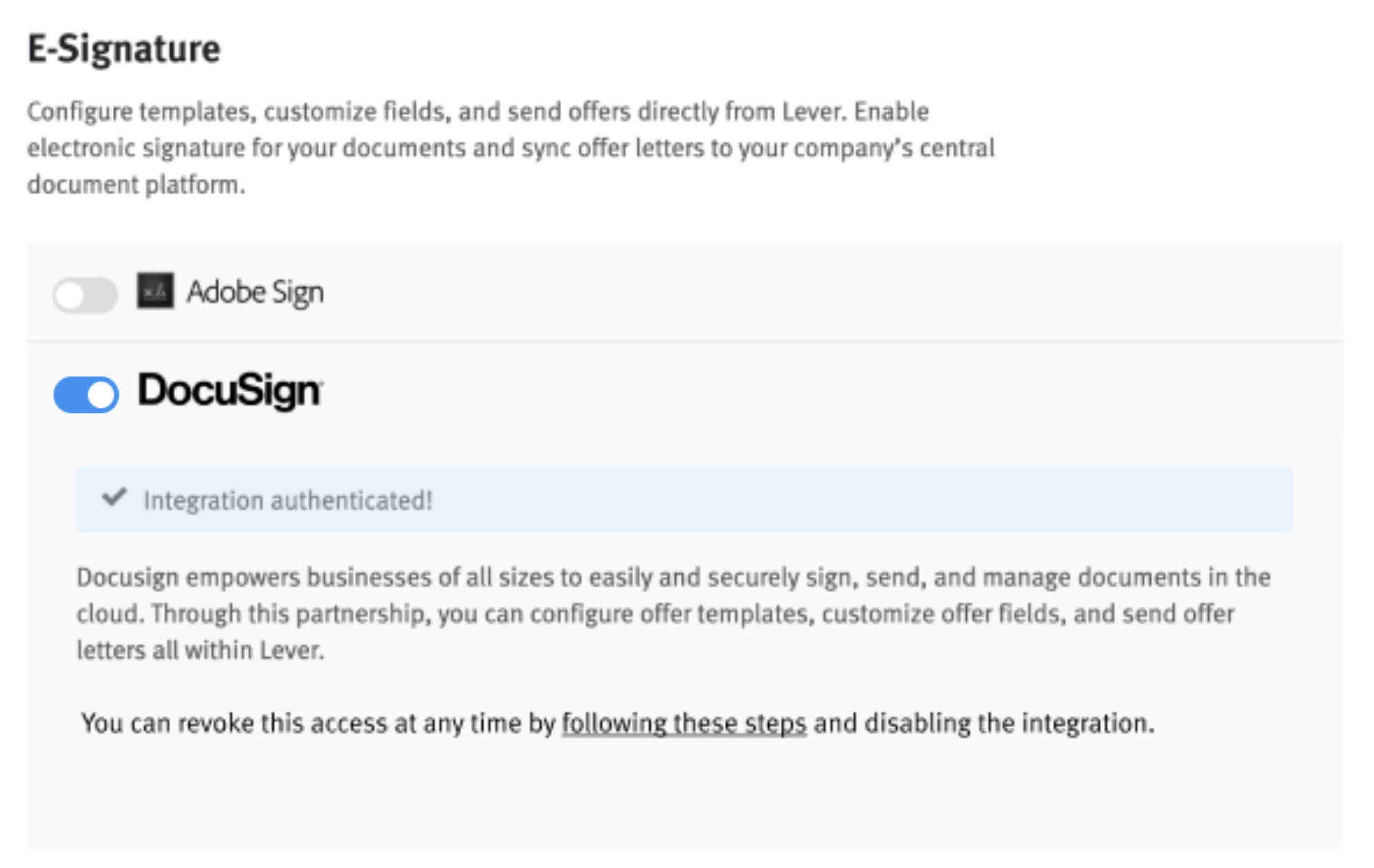 DocuSign integration tile in Lever