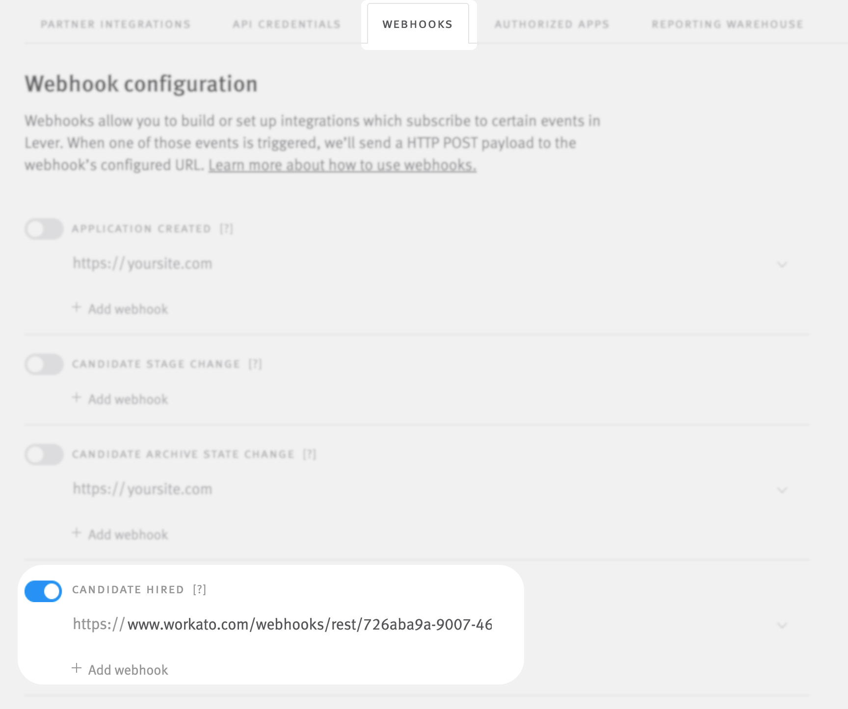 Candidate Hired webhook toggle on