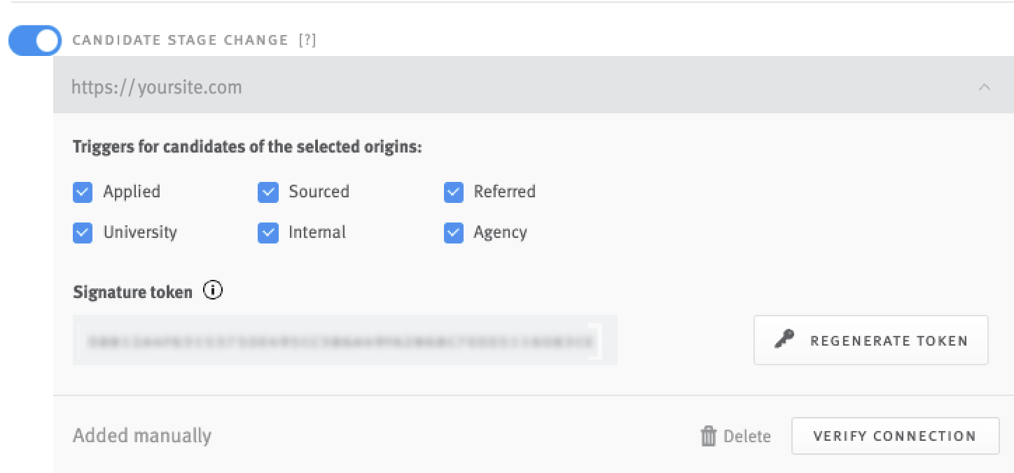 Candidate Stage Change webhook tile in Lever