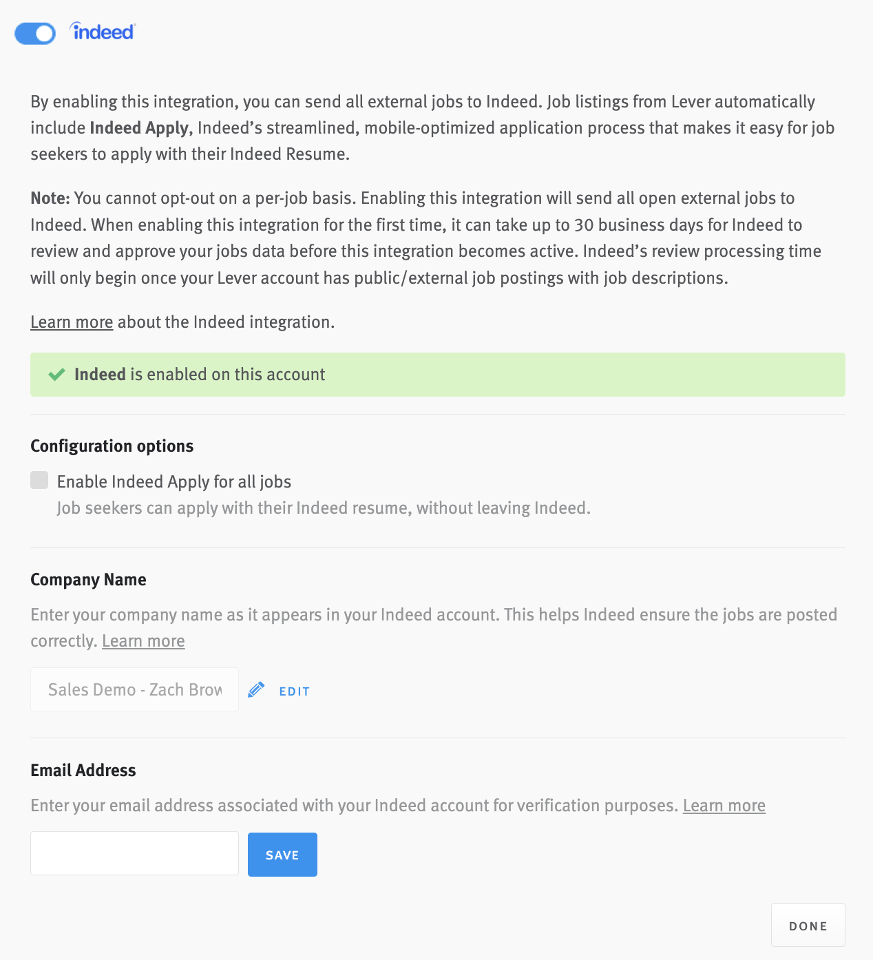 Indeed integration tile in Lever settings.