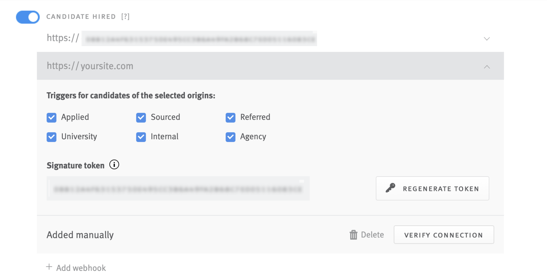 Candidate Hired webhook tile in Lever settings