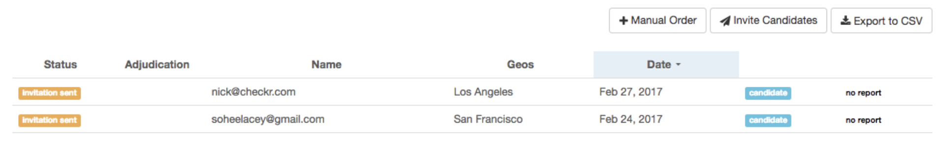 Homepage of Checkr dashboard with pending invitations.