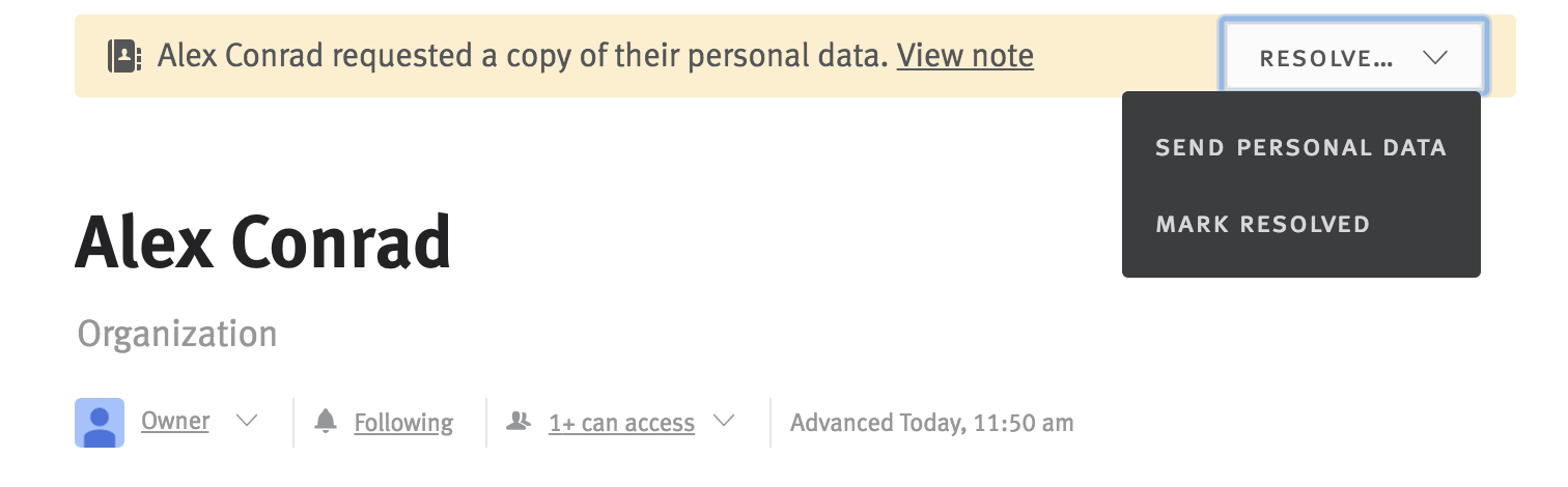 Close-up of a candidate profile with a banner notifying them that the user has requested a copy of their personal data. A menu extends from the Resolve button in the banner with options to Send Personal Data and Mark as Resolved.