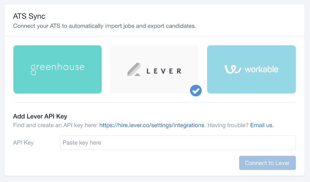 ATS Sync options in Wellfound; Lever option is selected