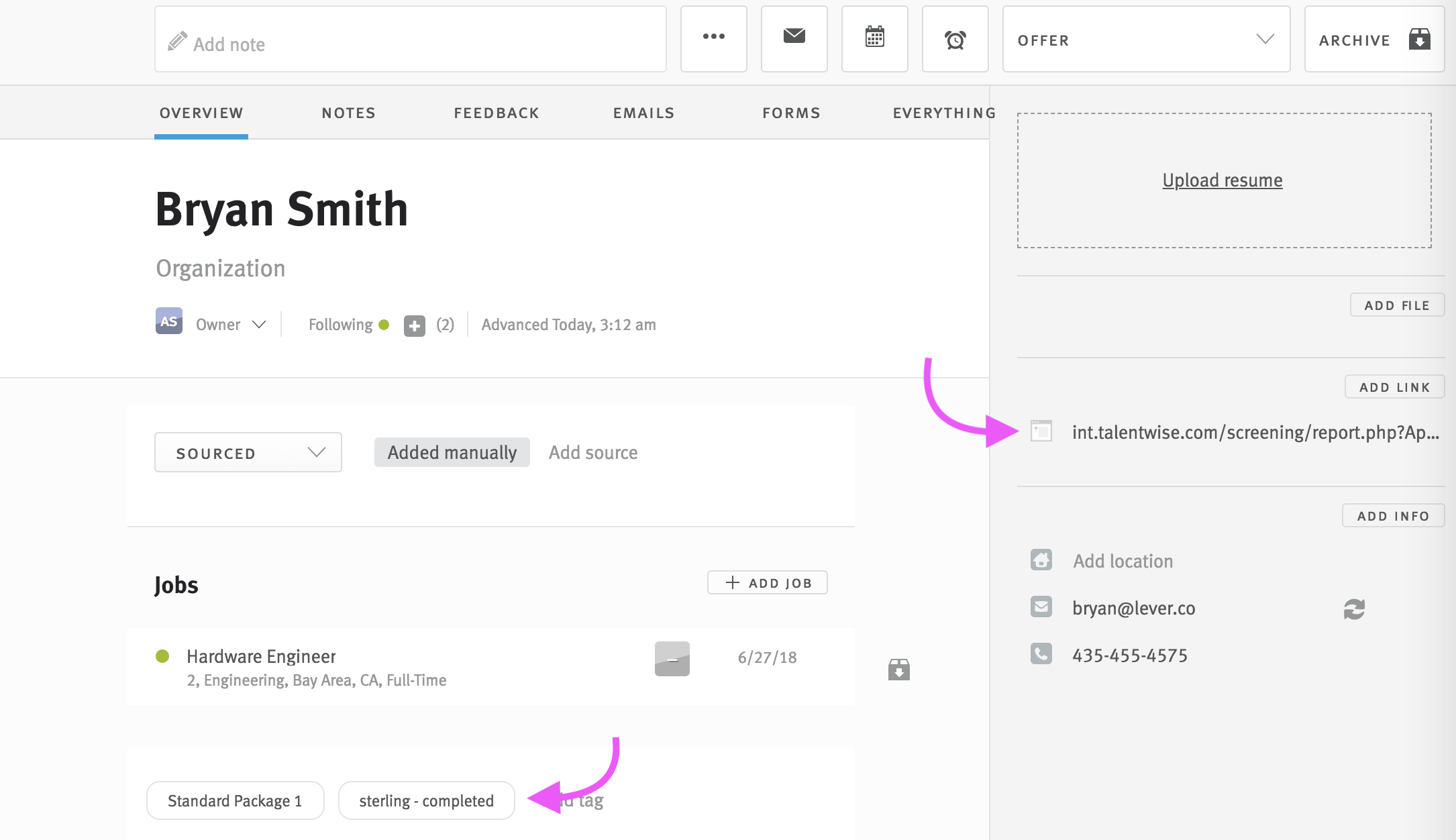 Lever candidate profile with arrows pointing to sterling-completed tag and sterling link.
