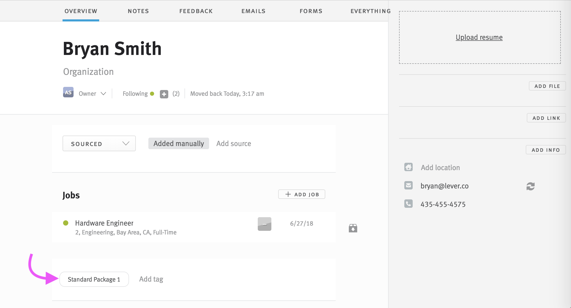 Lever candidate profile with arrow pointing to tag.