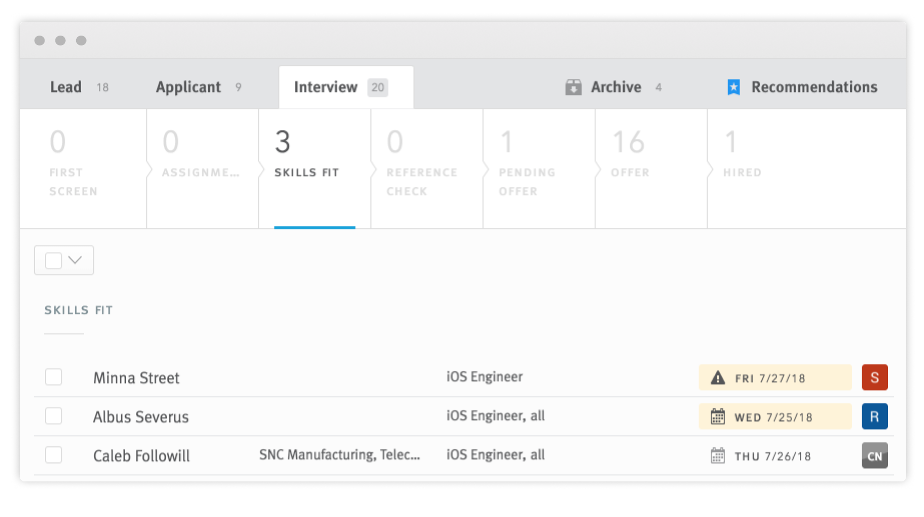 Candidate list in Interviews section of the pipeline