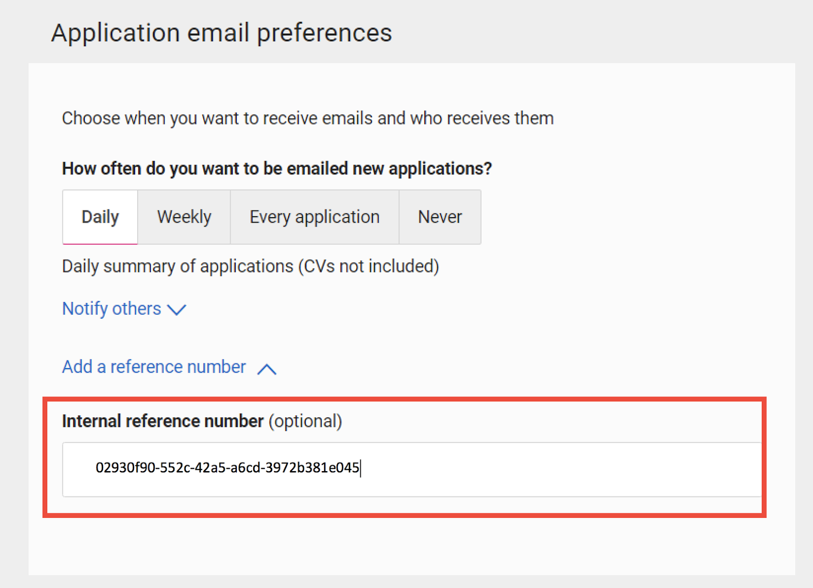 Close up of SEEK job application with posting ID from previous picture pasted into the internal reference number field.