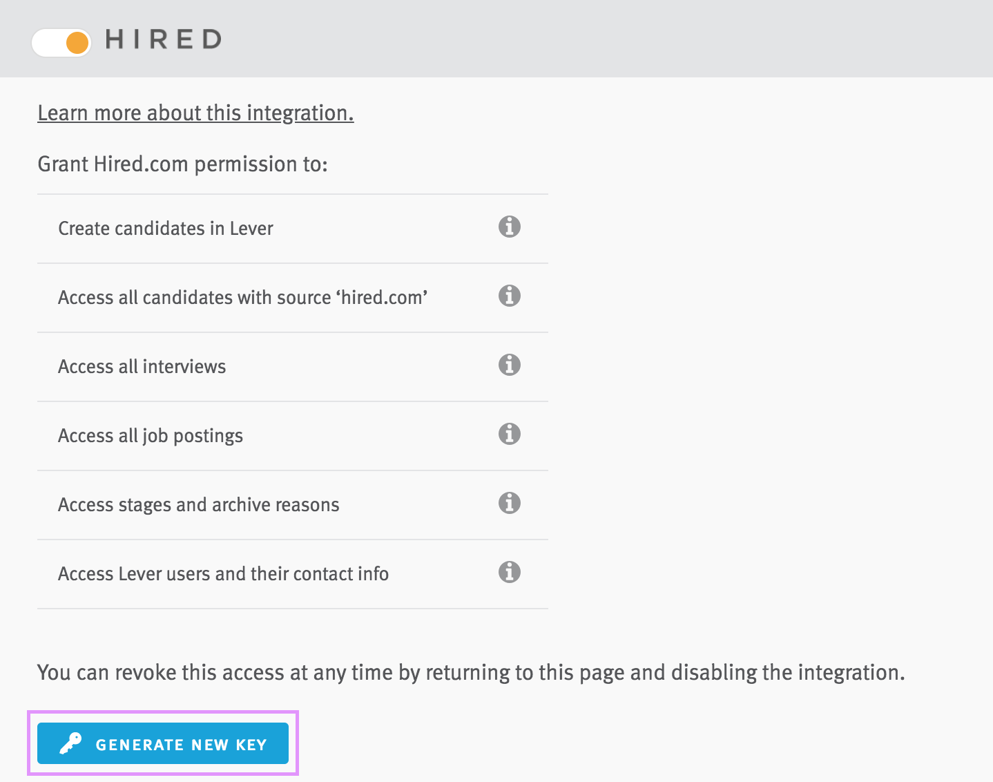 Lever settings with hired integration setting with list of permissions and generate new key outlined