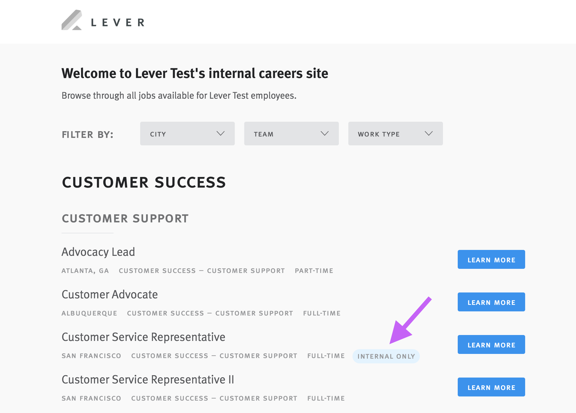 Internal job site with arrow pointing to Internal Only badge next to one of the listed postings.