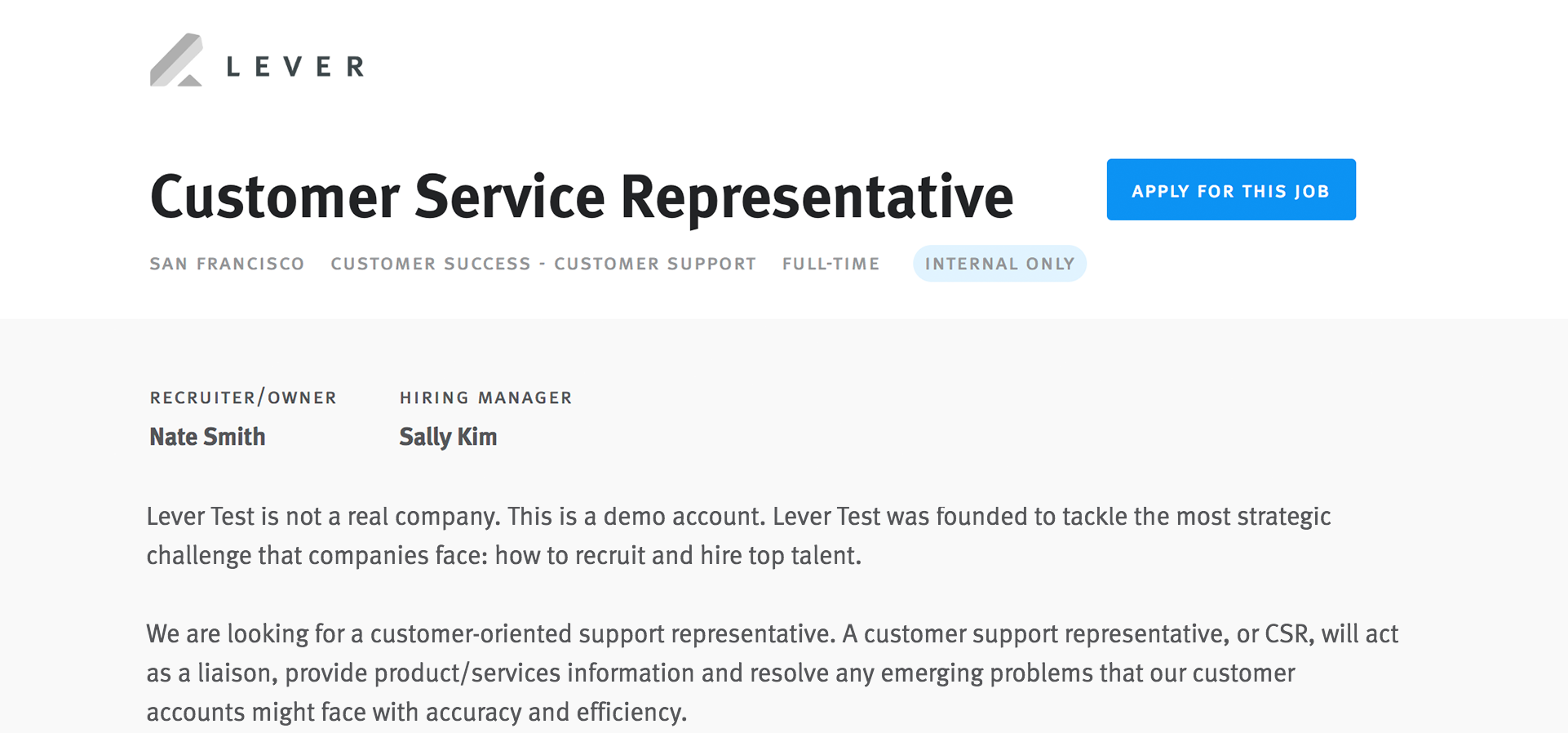 Job posting on internal job site with recruiter and hiring manager listed above job description.