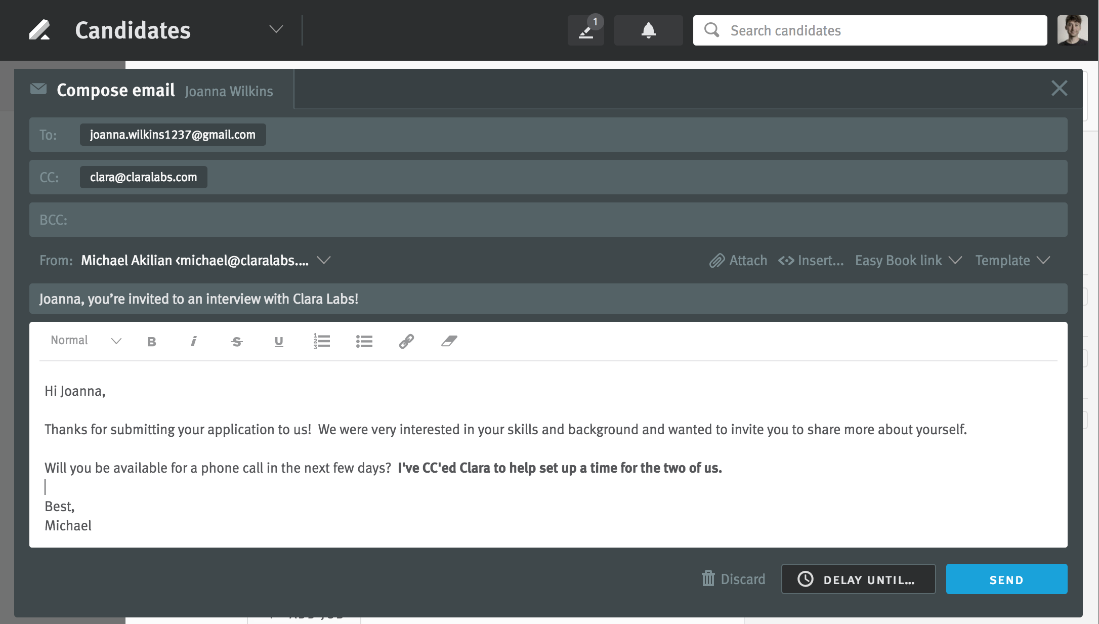 Lever email composer showing clara in cc field.