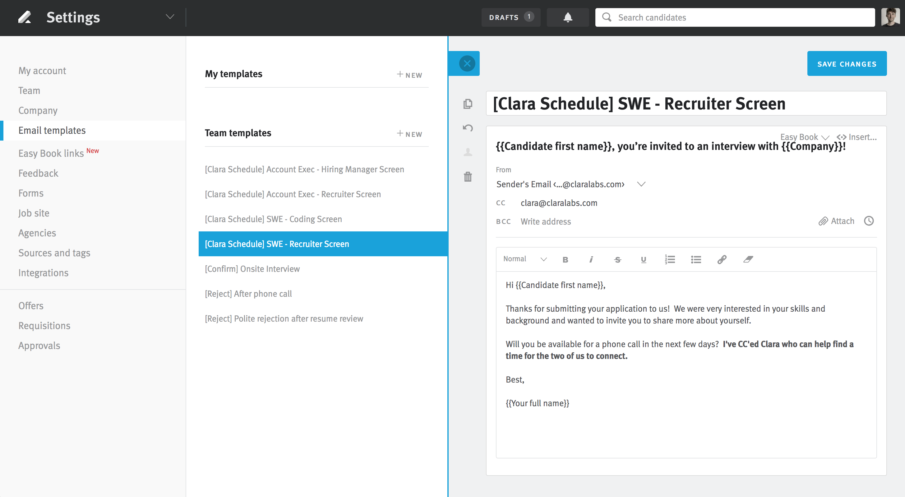 Lever settings team templates page showing template editor.