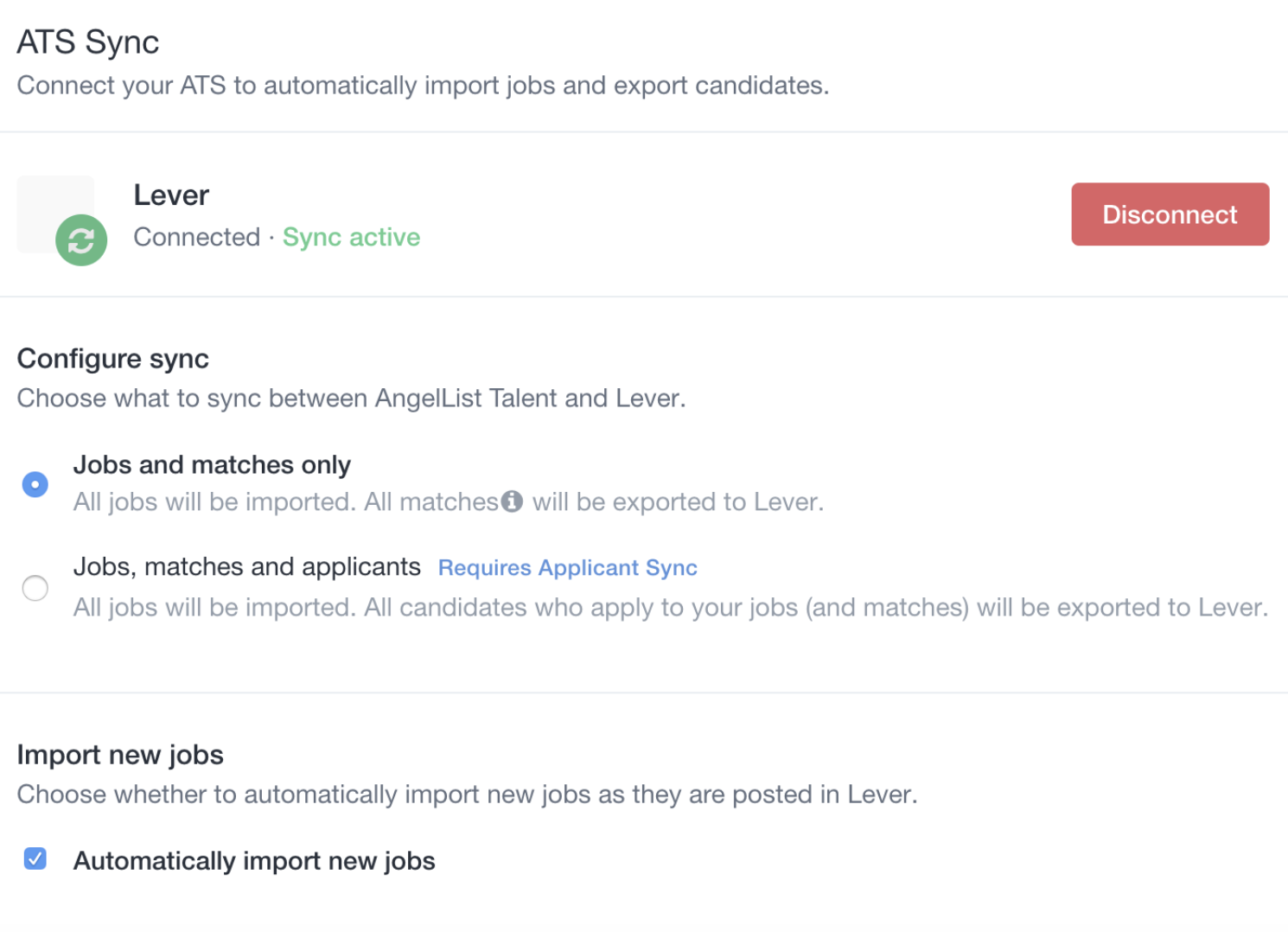 ATS Sync configuration in Wellfound; Jobs and matches only option is selected.