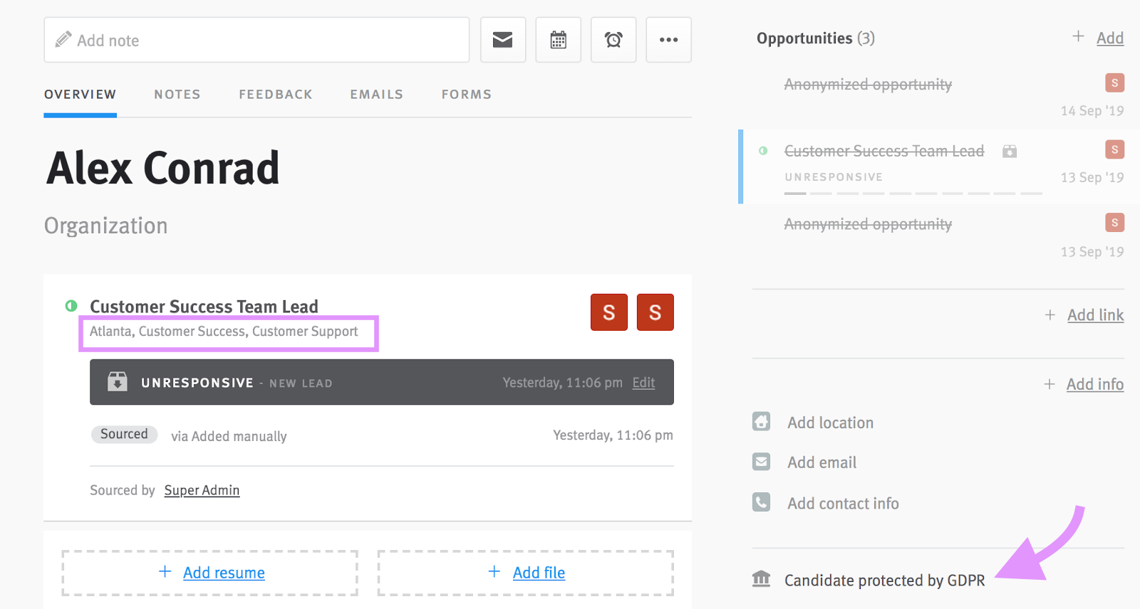 Location field outlined on candidate opportunity profile, arrow pointing to text that reads candidate is protected by GDPR.
