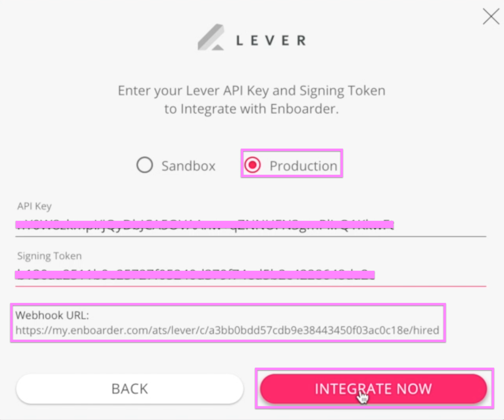 Modal in Enboarder with API key and webhook token input. Webhook URL and integration Now button are circled.