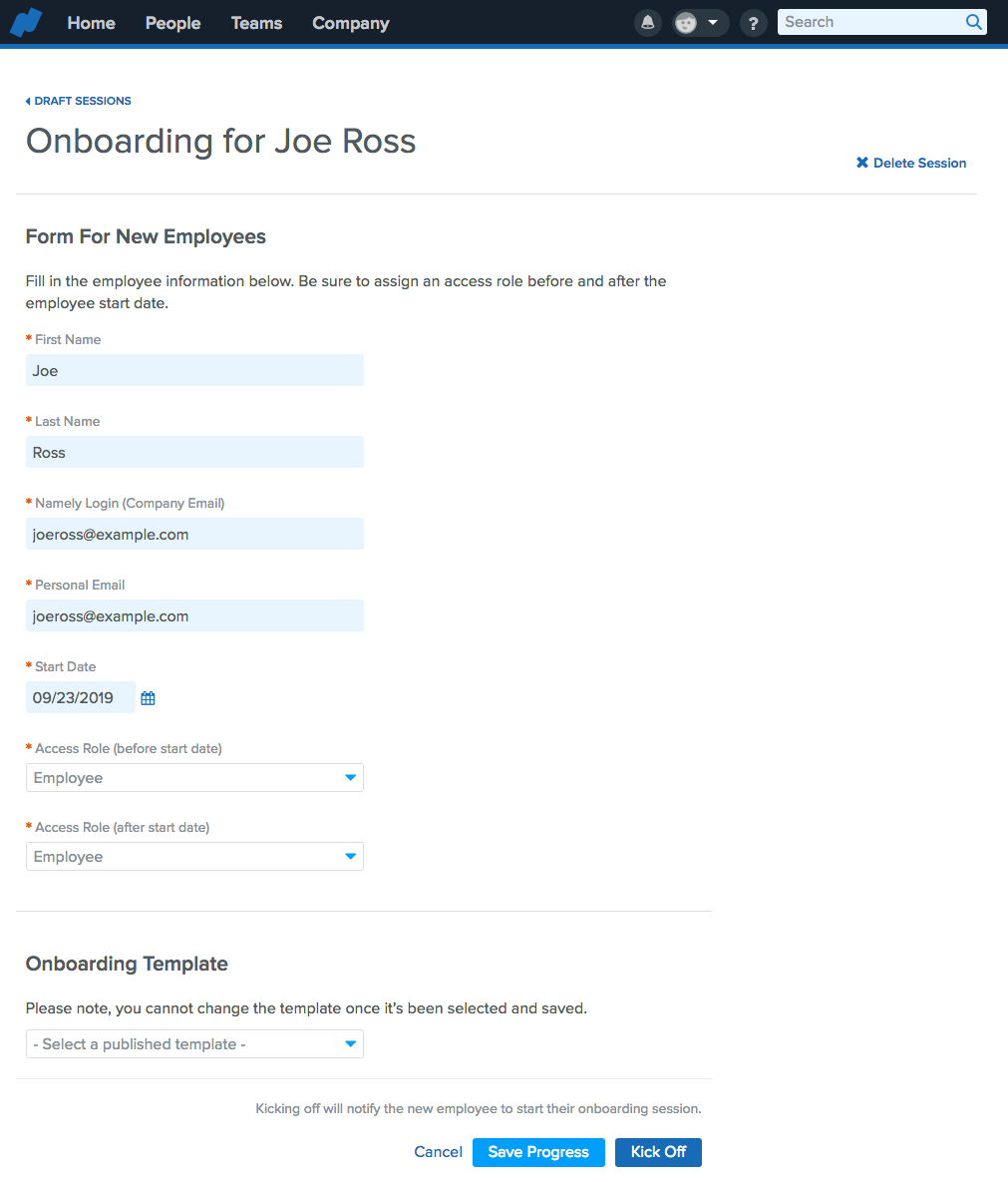 Namely platform showing candidate onboarding form