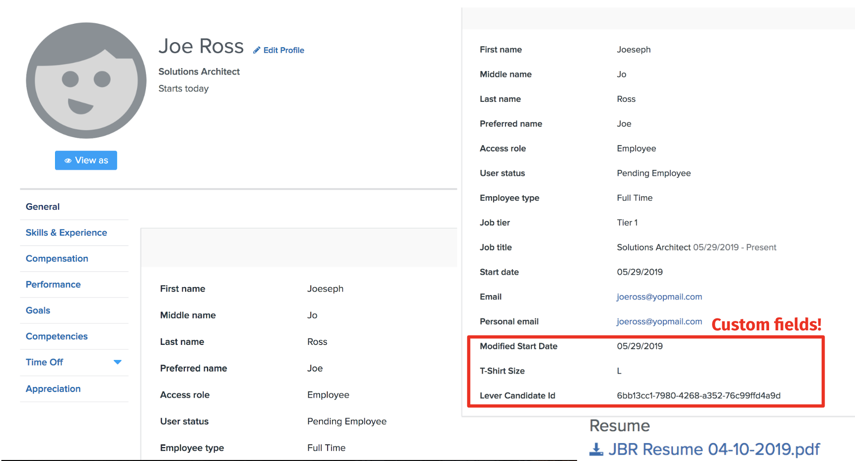 Namely platform showing candidate profile with custom fields outlined
