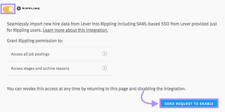 Lever integrations page showing rippling section with toggle and send request to enable button outlined